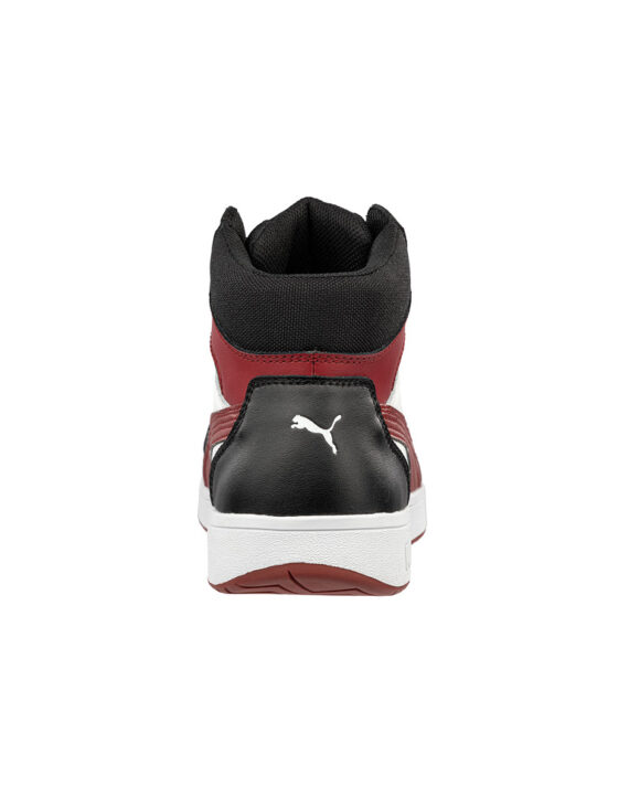 Puma Sicherheitsschuh Frontcourt Mid S3 in schwarz weiss rot für Damen und Herren, Rückansicht Puma-Sicherheitsschuh-Frontcourt-Mid-S3-schwarz-weiss-rot-Damen und Herren-Rückansicht