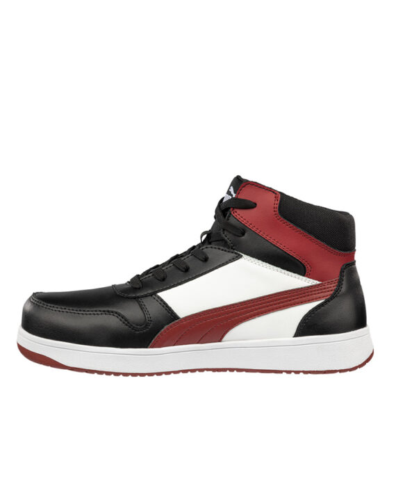 Puma Sicherheitsschuh Frontcourt Mid S3 in schwarz weiss rot für Damen und Herren, Seitenansicht links Puma-Sicherheitsschuh-Frontcourt-Mid-S3-schwarz-weiss-rot-Damen und Herren-Seitenansicht links