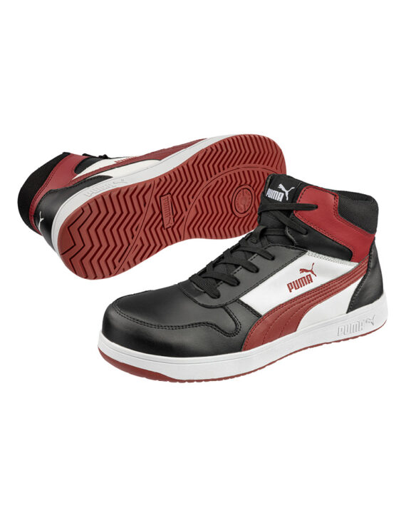 Puma Sicherheitsschuh Frontcourt Mid S3 in schwarz weiss rot. für Damen und Herren, Schrägansicht links Puma-Sicherheitsschuh-Frontcourt-Mid-S3-schwarz-weiss-rot-Damen und Herren-Schrägansicht links